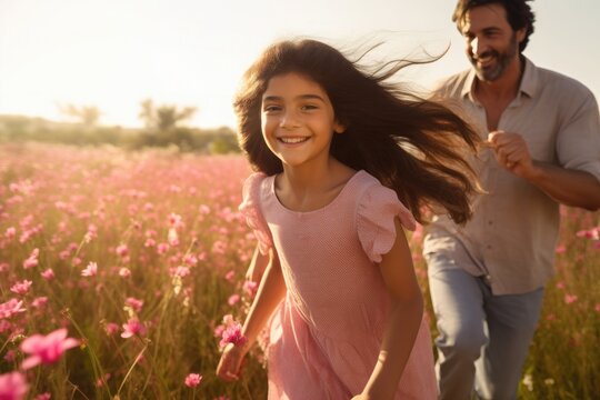 Portrait of girl and her family happy in the countryside at sunset, family concept, father's day concept, mother's day concept