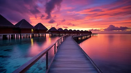 Fototapeten Maldives, pristine beaches, overwater bungalows, crystal-clear waters, sunset glow, feathered clouds, tropical paradise, turquoise lagoons, crimson sky, luxury resorts, tranquil seascape, white sands, © medienvirus