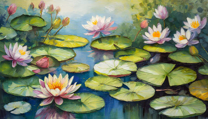 a painting of water lilies and lily pads in a pond generative ai