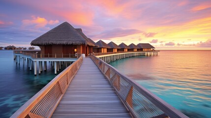 Fototapeta na wymiar Maldives, pristine beaches, overwater bungalows, crystal-clear waters, sunset glow, feathered clouds, tropical paradise, turquoise lagoons, crimson sky, luxury resorts, tranquil seascape, white sands,