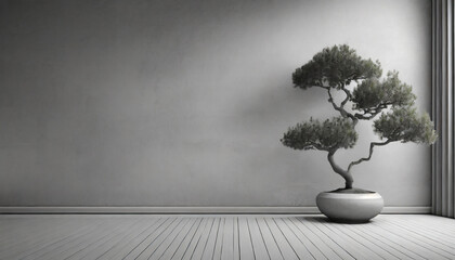 textured neutral grey wall copy space monochrome empty room with bonsai tree wall scene mockup product for showcase promotion background