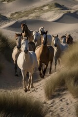 flock of horses runs through the dunes