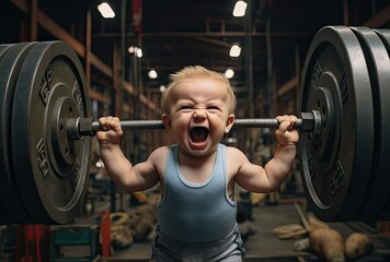 Weight lifters for kid boy in barbell weightlifting poses. Black studio backdrop in gym.