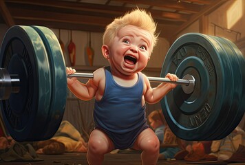 Weight lifters for kid boy in barbell weightlifting poses. Black studio backdrop in gym. - obrazy, fototapety, plakaty