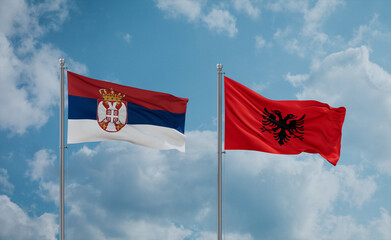 Serbia and Albania national flags, country relationship concept