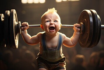 Weight lifters for kid boy in barbell weightlifting poses. Black studio backdrop in gym.