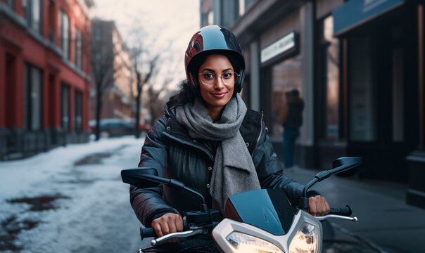 Indian woman riding an electric scooter in city street in wintertime