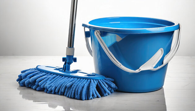 Blue Bucket And Mop For Cleaning On White Background