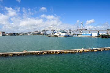 View over Harbor Bridge and the Texas State Aquarium in Corpus Christi. Texas, USA