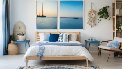 modern nautical bedroom interior wooden double bed with pillows cozy furniture abstract light blue sea landscape wall art set of 2 prints on a white wall