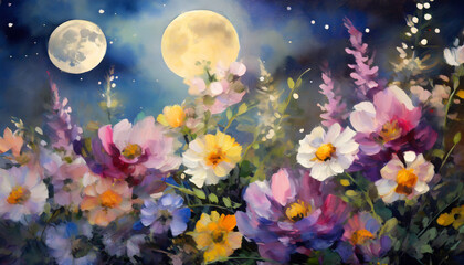 Obraz na płótnie Canvas a painting of a bunch of flowers with a full moon in the background generative ai