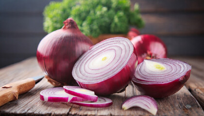 close up of sliced red onion and whole red onion on a wooden table generative ai - obrazy, fototapety, plakaty