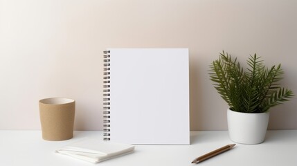 mock-up of woman writing in a Blank white size a5 spiral notebook in a modern, beige room, white wall whit plants 
