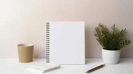 Rollo mock-up of woman writing in a Blank white size a5 spiral notebook in a modern, beige room, white wall whit plants  © medienvirus