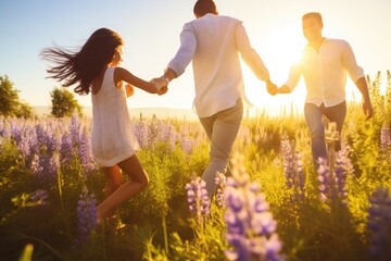 Portrait of girl and her family happy in the countryside at sunset, family concept, father's day concept, mother's day concept