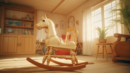 wooden rocking horse in a house - obrazy, fototapety, plakaty