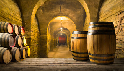 cellar with barrels for storage and aging of wine generative ai
