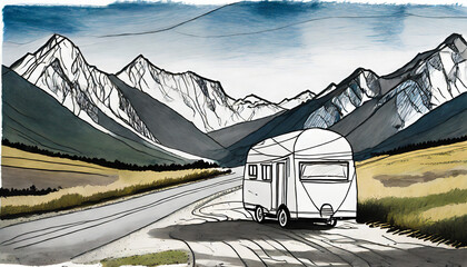 drawing of a caravan stopped on the road to the mountains generative ai