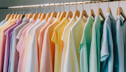 row of colorful clothes on hangers in pastel rainbow colors generative ai