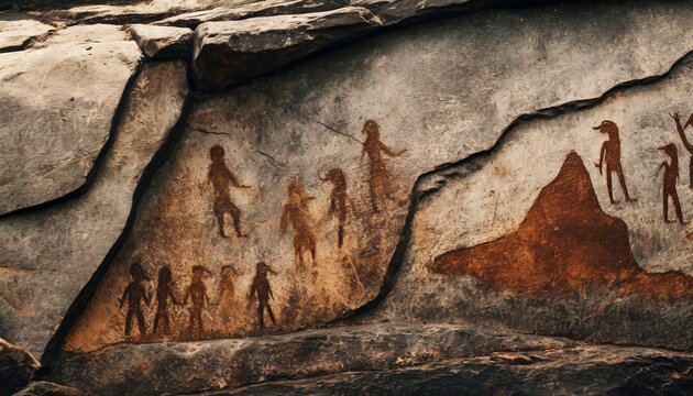 prehistoric rock paintings of cavemen of the stone age as a background created with the help of artificial intelligence