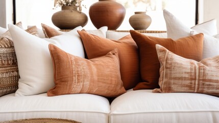 Close up of fabric sofa with white and terra cotta pillows 