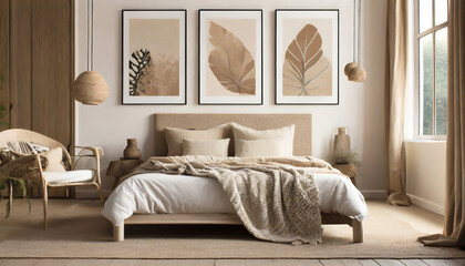 modern boho bedrroom with neutral beige wall art set of 3 posters contemporary interior design with white wall color bed and pillows