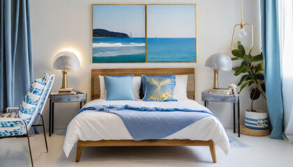 modern nautical bedroom interior wooden double bed with pillows cozy furniture abstract light blue sea landscape wall art set of 2 prints on a white wall