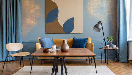 modern mid century interior with beige and blue wall art in textured abstract style cozy furniture brown wood table generative ai