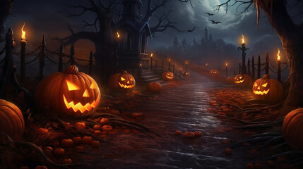 Fototapeta na wymiar Halloween pumpkins in front of a beautiful house at night