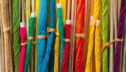 vibrant threads wrapped around various sticks