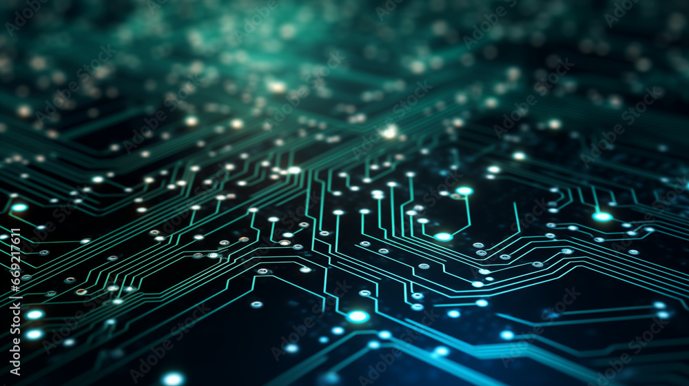 Poster circuit board close-up with glowing lines to signify data flow, machine learning background, blurred