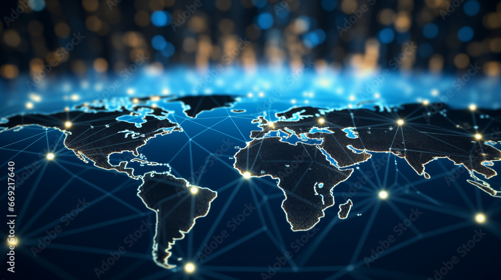 Poster dotted world map highlighting global ai data centers, machine learning background, blurred backgroun