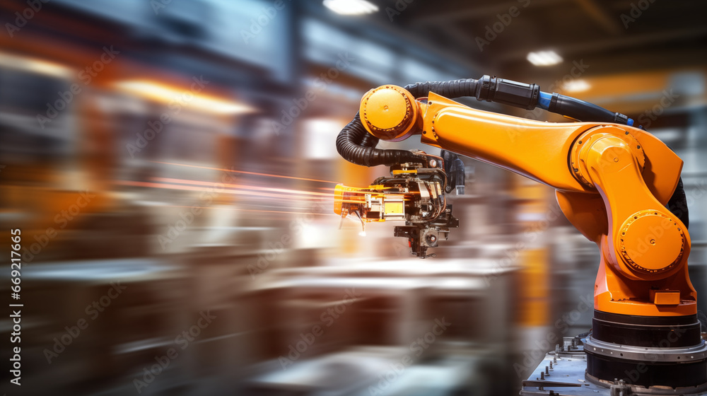 Poster robotic arm in motion, showcasing automation powered by ai, machine learning background, blurred bac