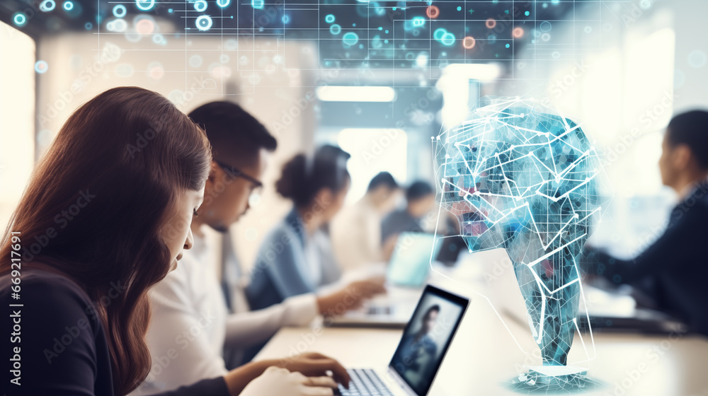 Poster students or professionals in a workshop collaborating on an ai project, machine learning background,