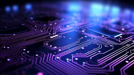 Circuit board close-up with glowing lines to signify data flow, Machine learning background, blurred background, with copy space