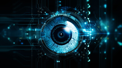 Fototapeta premium A digital eye scanning, symbolizing computer vision, Machine learning background, blurred background, with copy space