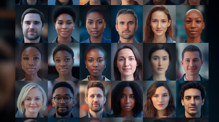 A collage of diverse faces, symbolizing facial recognition tech, Machine learning background, blurred background, with copy space