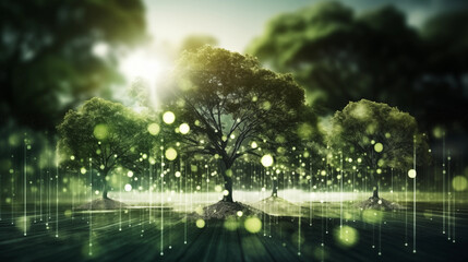 Digital trees and nature, symbolizing the growth of AI, Machine learning background, blurred background, with copy space