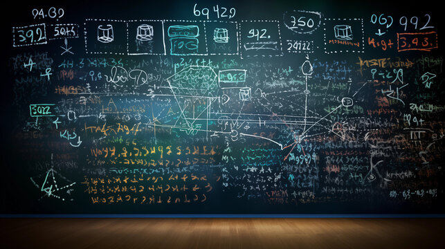 A chalkboard or whiteboard filled with machine learning equations, Machine learning background, blurred background, with copy space