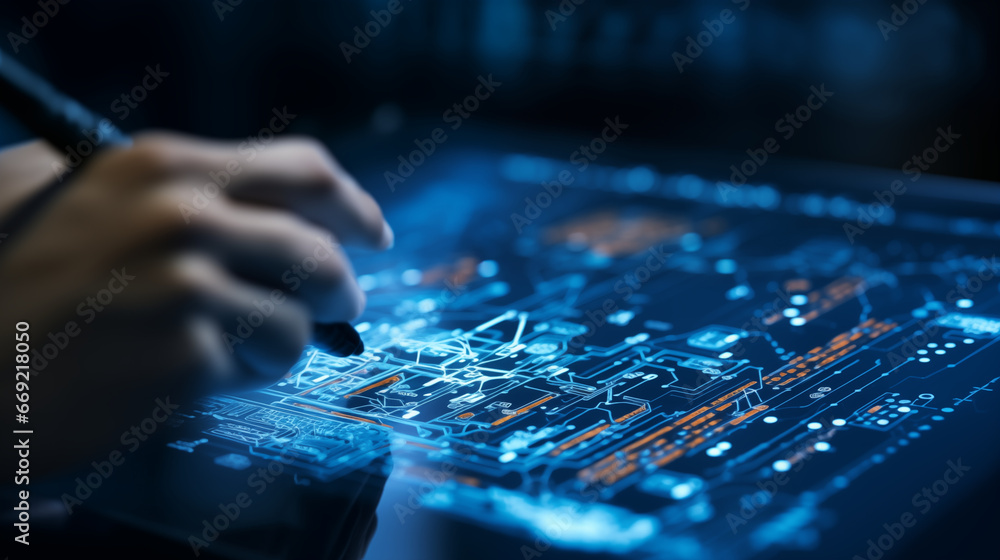 Poster hand drawing on a digital pad creating machine learning diagrams and flowcharts, machine learning ba