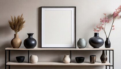 a wall with minimalistic shelves and a collection of beautiful vases on them empty vertical frame for wall art mockup interior in modern japandi style