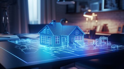 a concept holo 3d render model of a small living house on a table in a real estate agency. signing mortgage contract document and demonstrating. futuristic business. blurry background  - obrazy, fototapety, plakaty