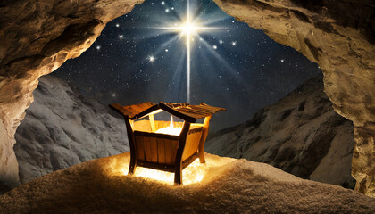 birth of jesus wooden manger and star of bethlehem in cave - obrazy, fototapety, plakaty