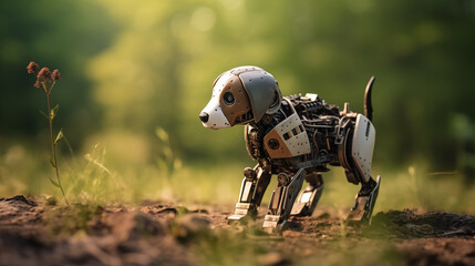 A robotic dog or pet showcasing AI's capabilities in mimicking natural behaviors, Machine learning background, blurred background, with copy space