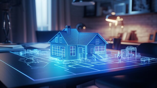 a concept holo 3d render model of a small living house on a table in a real estate agency. signing mortgage contract document and demonstrating. futuristic business. blurry background 
