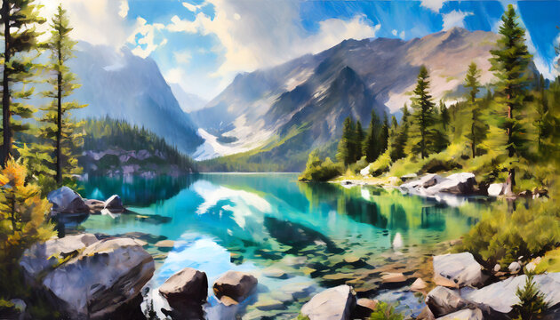 a painting of a mountain lake surrounded by trees and rocks generative ai