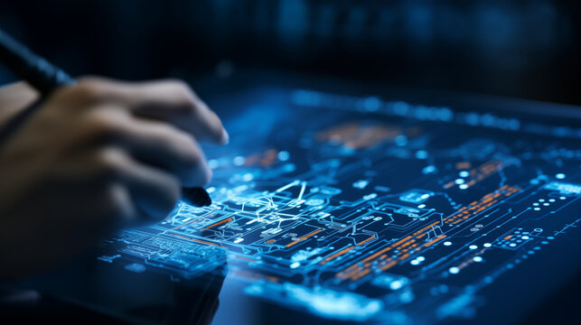 Hand drawing on a digital pad creating machine learning diagrams and flowcharts, Machine learning background, blurred background, with copy space