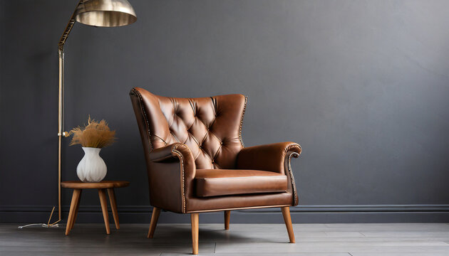 a beautiful and stylish brown leather armchair in front of a dark grey empty wall generative ai