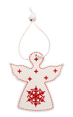 Christmas decoration on the Christmas tree white angel on a white background. Wooden angel isolate