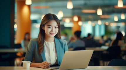 Fototapeta premium Young asian business woman using digita tablet and working on laptop computer at modern office. 